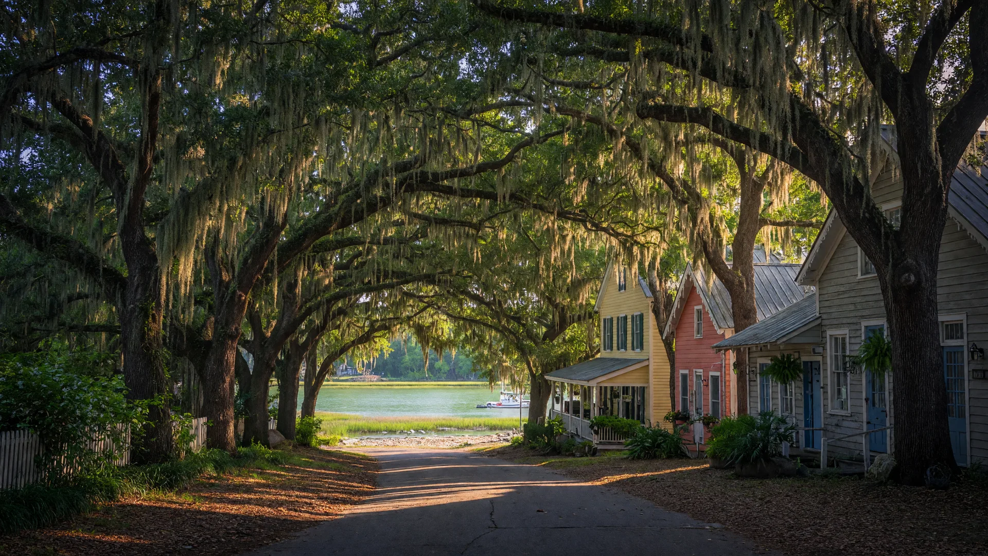 Bluffton South Carolina Old Town with moss-draped live oaks and the May River waterfront