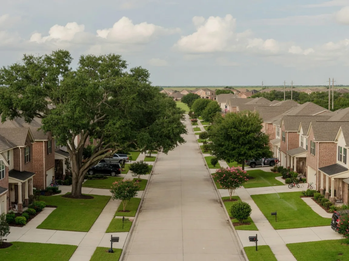 New construction homes in Houston with leafy hardwood trees and manicured suburban landscaping