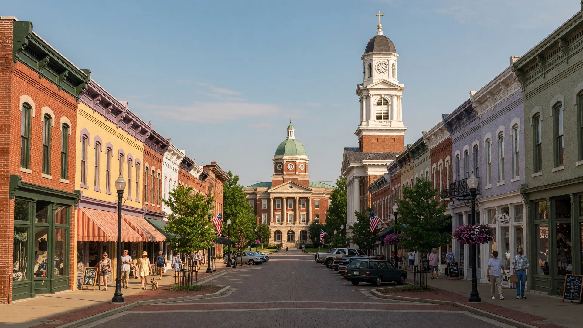 Franklin Tennessee's historic Main Street with Victorian storefronts, courthouse, and charming small-town atmosphere