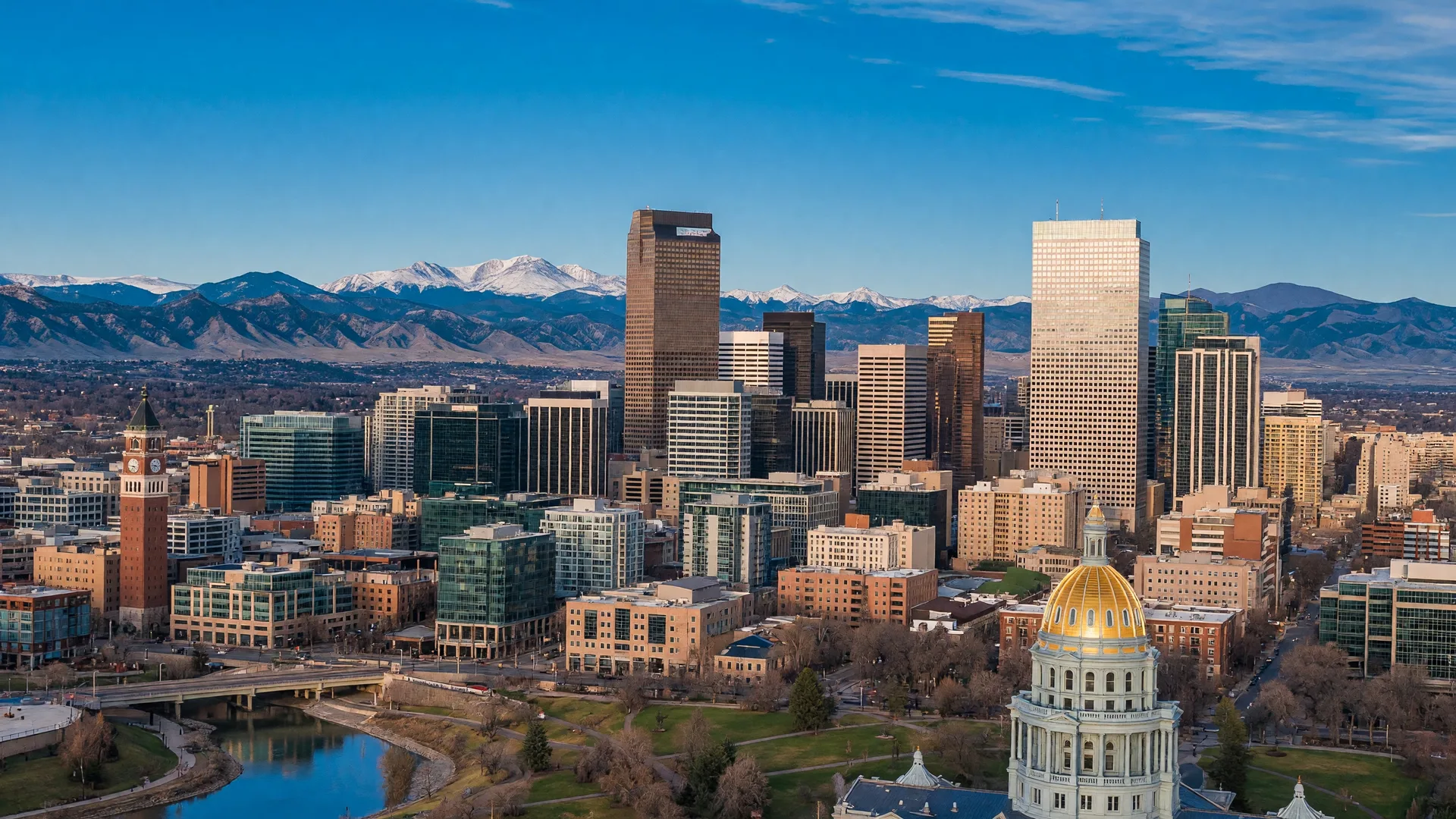Denver downtown skyline with the Front Range and snow-capped Rocky Mountains towering behind on a clear afternoon — the iconic Mile High City view