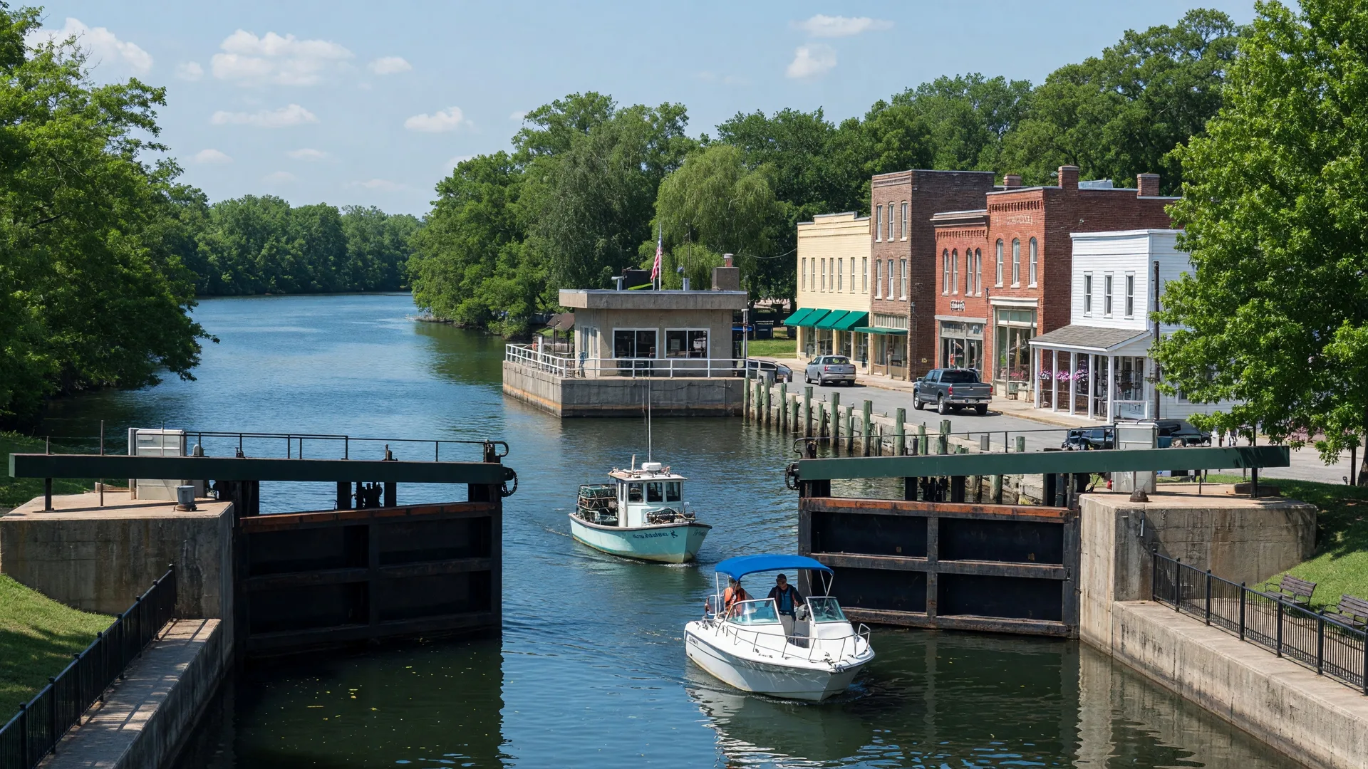 Chesapeake Virginia Great Bridge Lock area on the Intracoastal Waterway with the bridge lock mechanism, small boats, and the Great Bridge commercial district