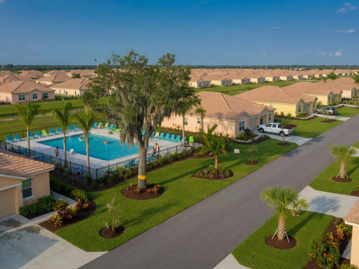 New construction Florida ranch-style homes in Lehigh Acres with palm trees, community pool, and flat terrain