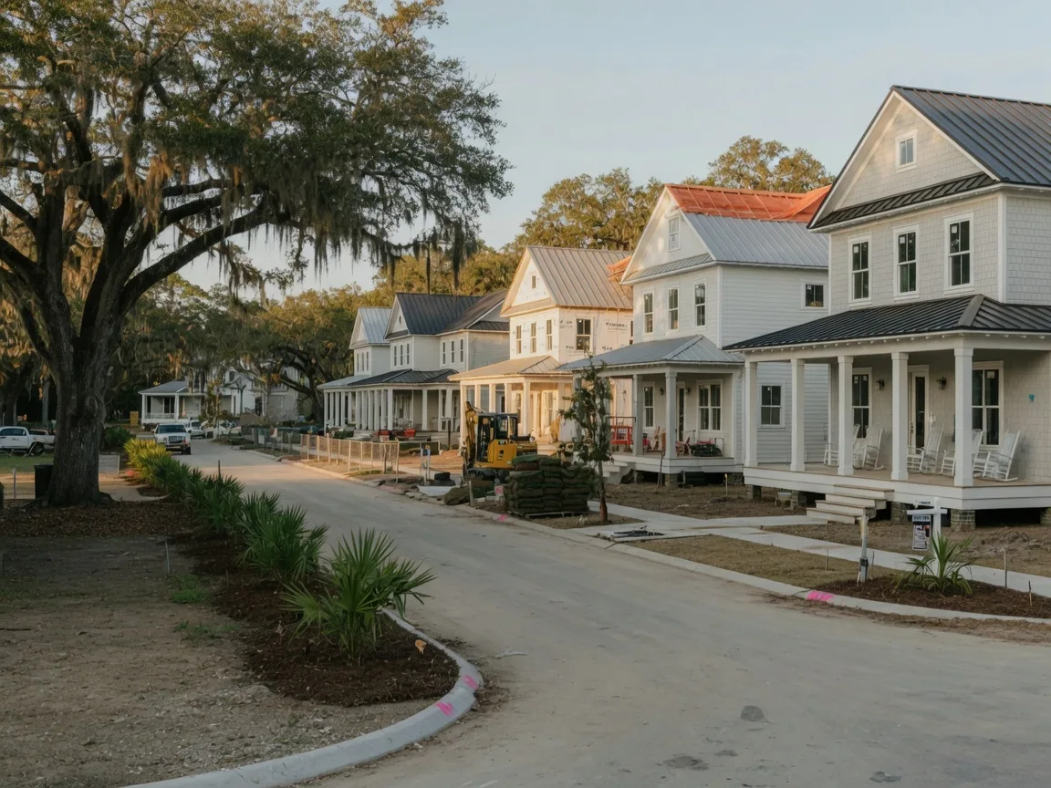 New construction Low Country coastal-style homes near Savannah with live oaks, porches, and flat coastal terrain