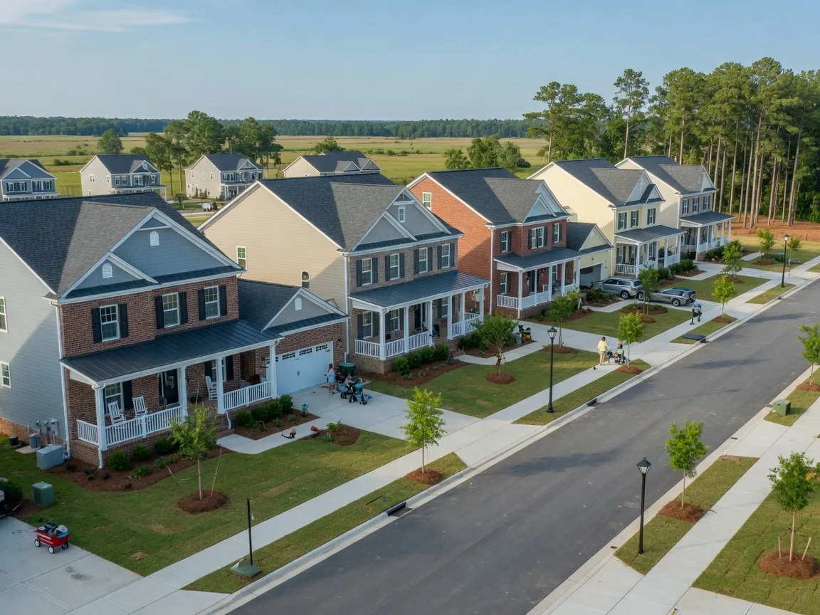 New construction homes in Suffolk Virginia with traditional and coastal-influenced architecture, brick and siding exteriors, set in a family master-planned Tidewater community
