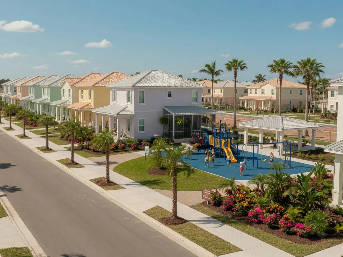 New construction coastal-style stucco homes in Ormond Beach, Florida with palm trees and tropical landscaping