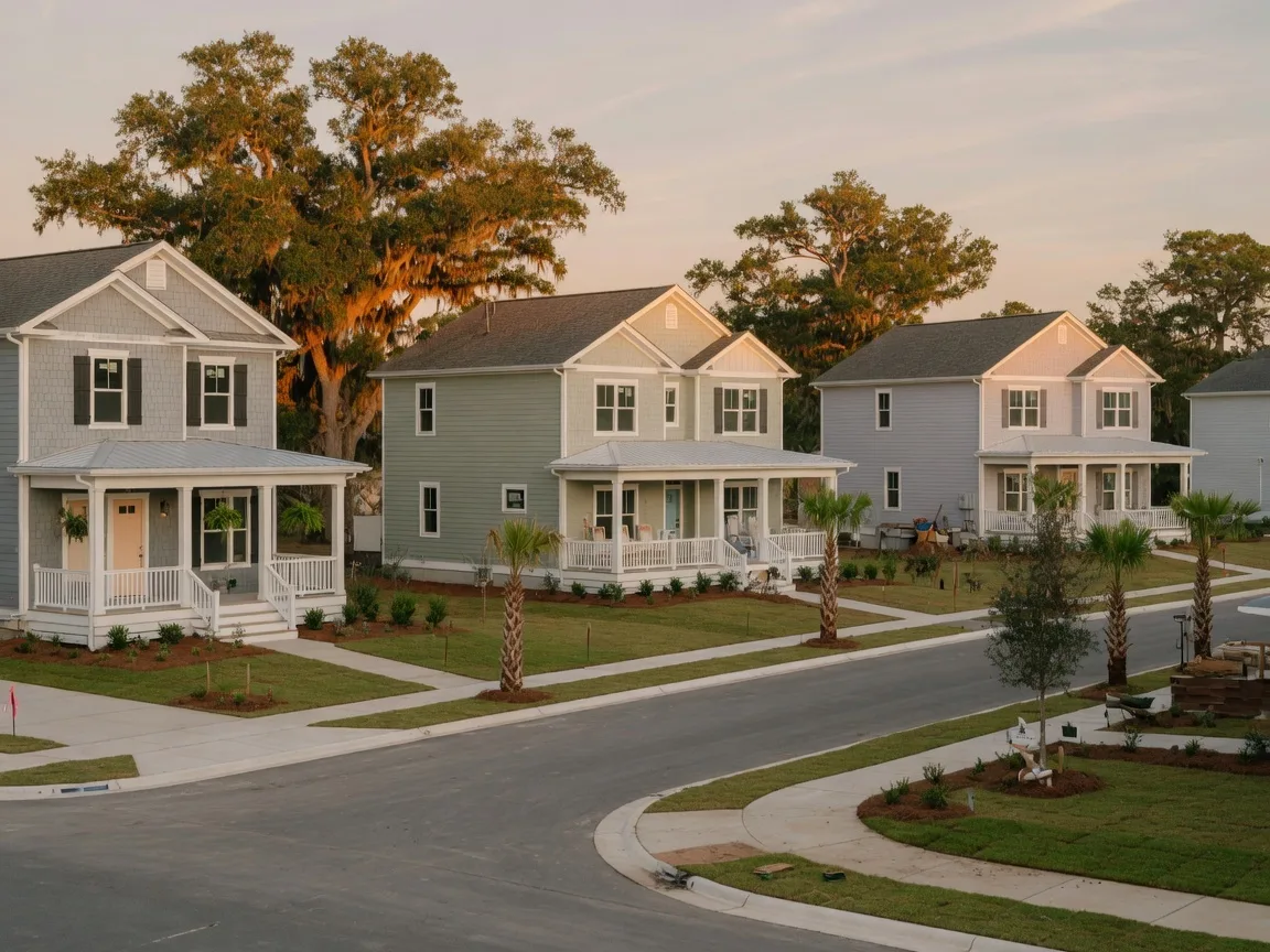 New construction coastal-style homes in Virginia Beach with shake siding, covered front porches, live oaks, and Tidewater landscaping