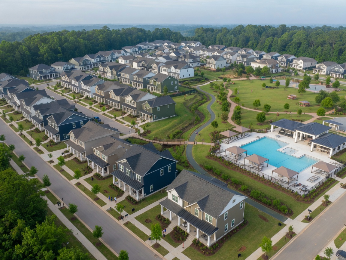 Aerial view of a master-planned new construction community with tree-lined streets and parks