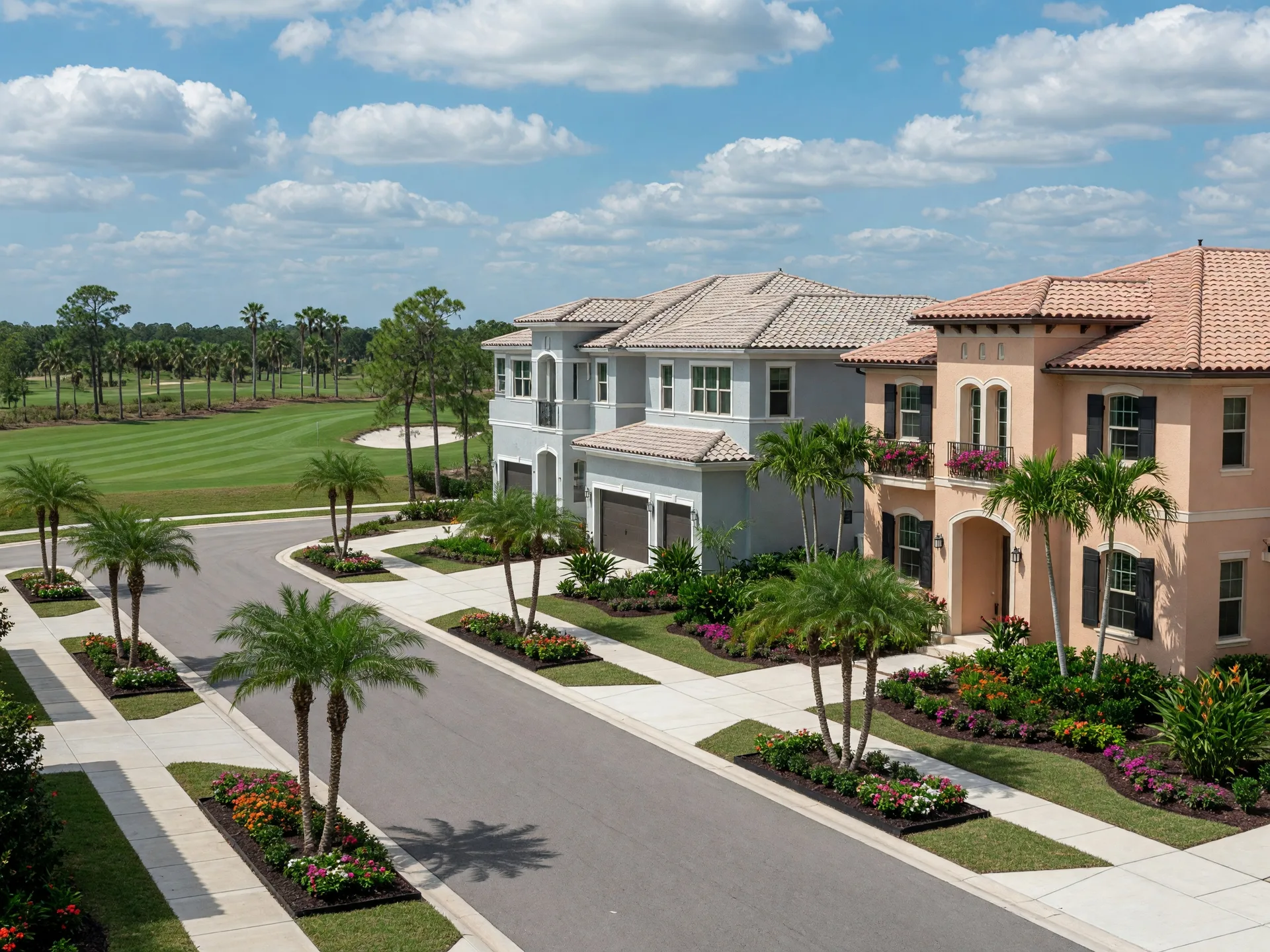 Upscale new construction homes in Lakewood Ranch, Florida with Mediterranean architecture, palm trees, and manicured landscaping