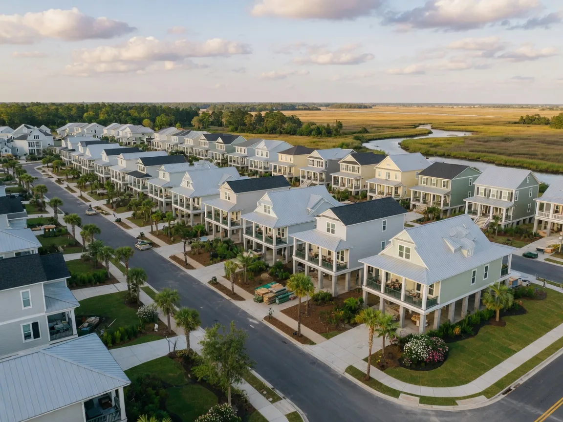 New construction Low Country homes in the Charleston area with elevated foundations, large porches, and palmetto trees