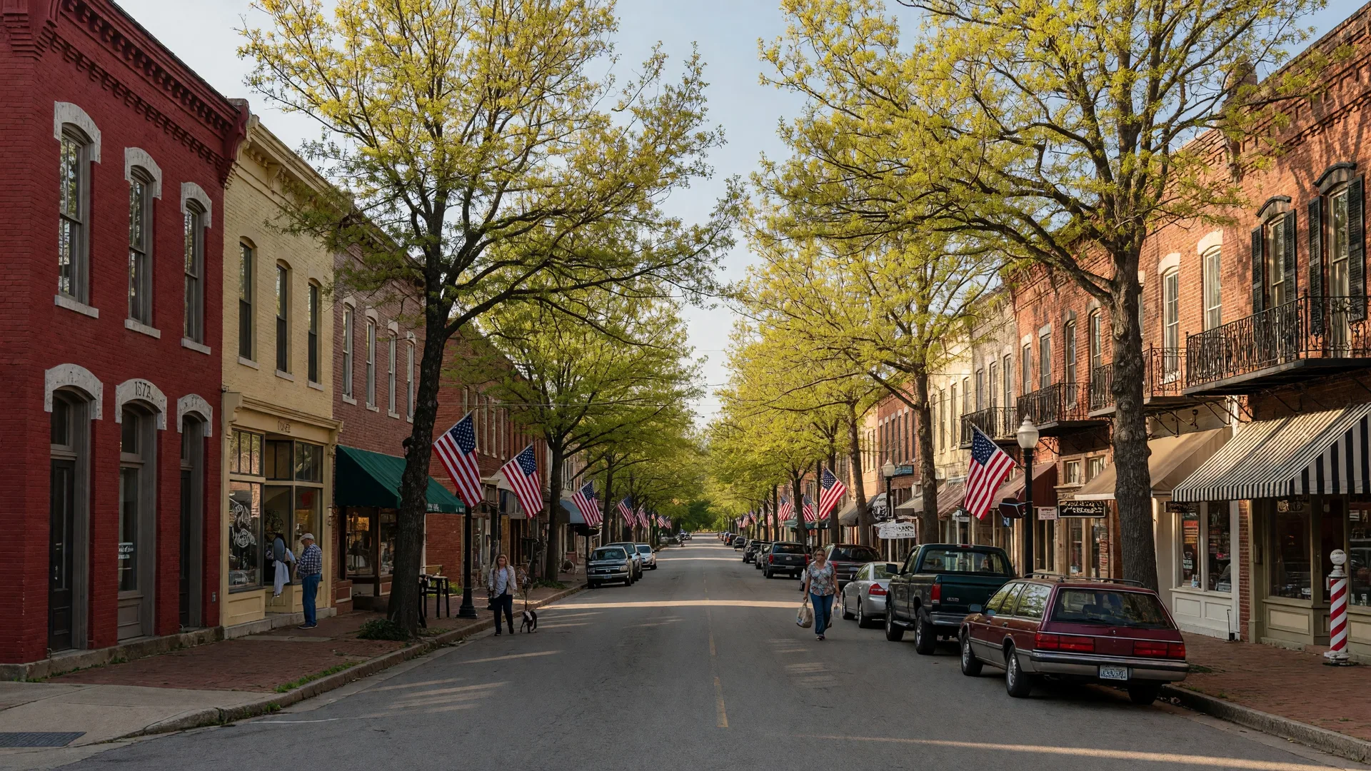 Spring Hill Tennessee's historic downtown along Main Street with preserved storefronts, tree-lined street, and small-town Southern character