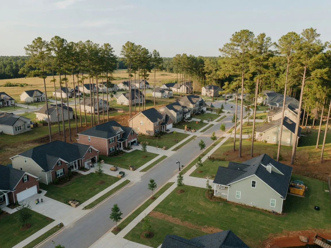 New construction suburban neighborhood in the Columbia SC Midlands with brick and siding homes, loblolly pines, and gently rolling terrain