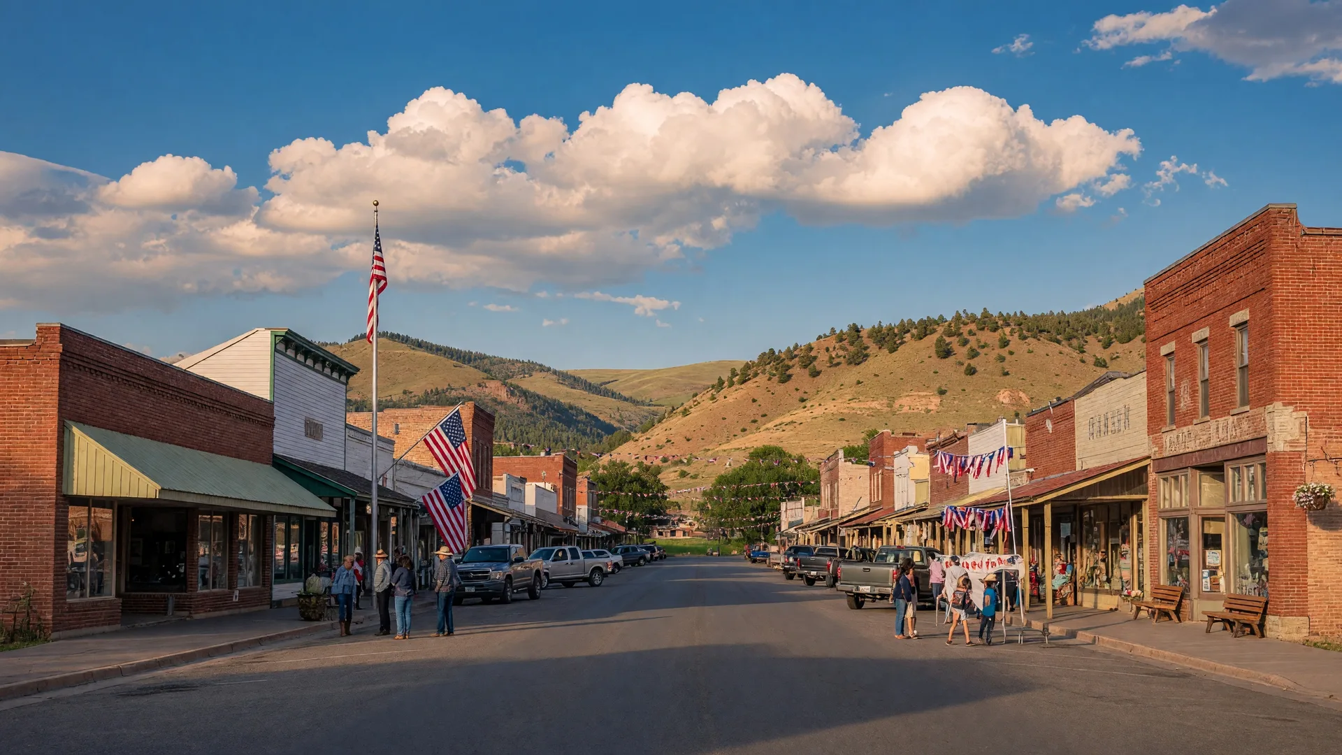 Parker's historic downtown main street — small-town Western feel with local shops, foothills in the background, Colorado blue sky above