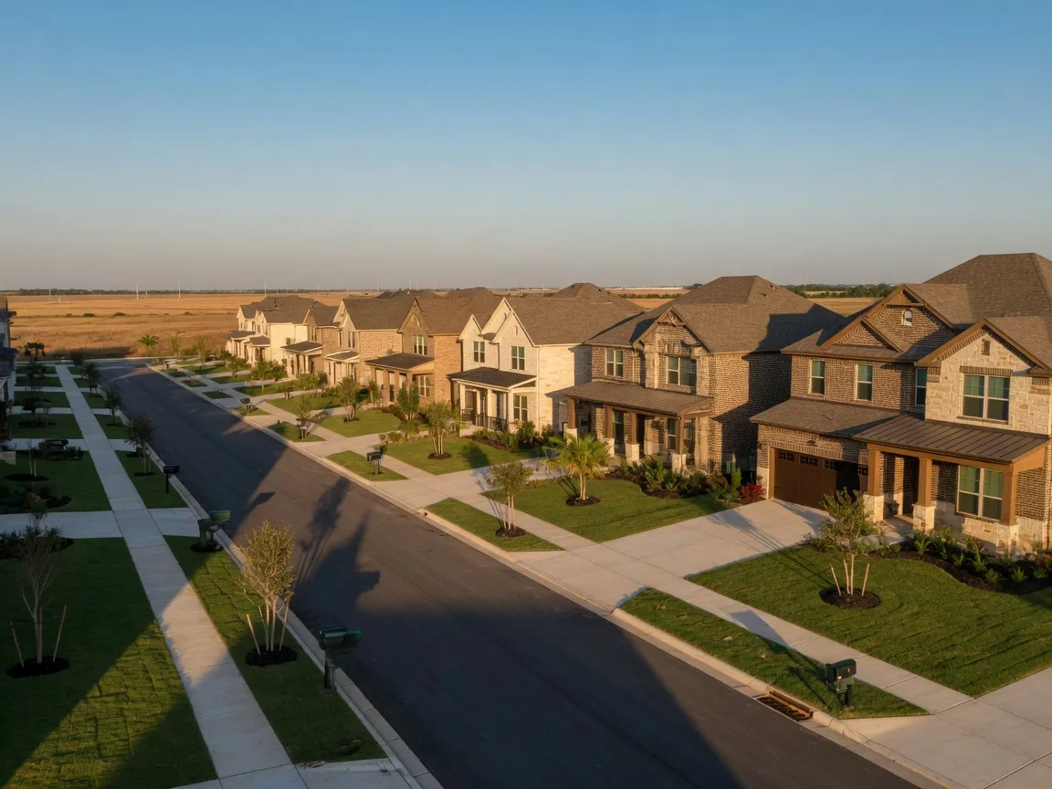 Modern suburban new construction homes in Dallas with stone and brick exteriors, flat terrain, and wide streets