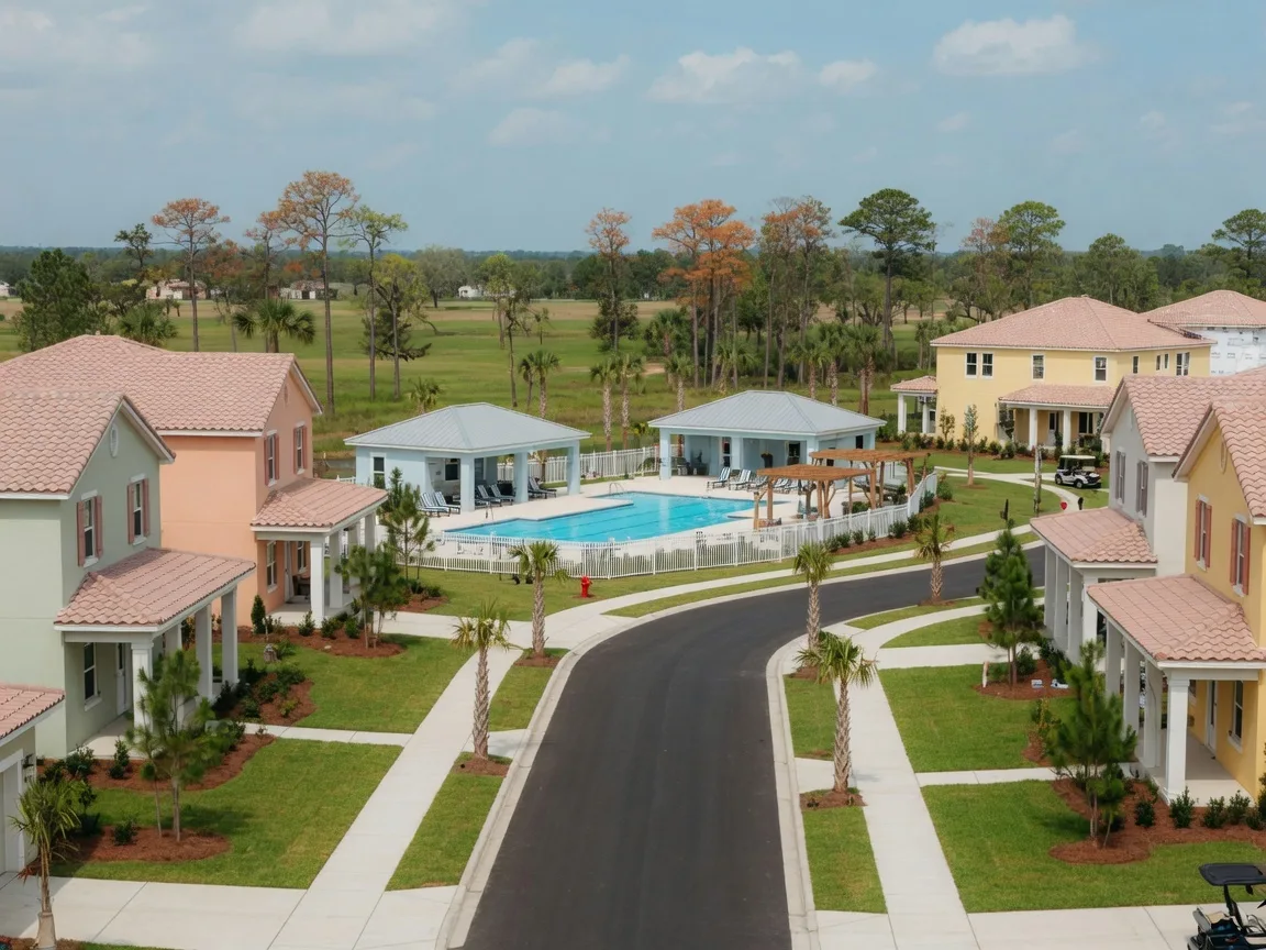 New construction coastal-style stucco homes near Pensacola, Florida with pine trees, palm trees, and Gulf Coast landscaping