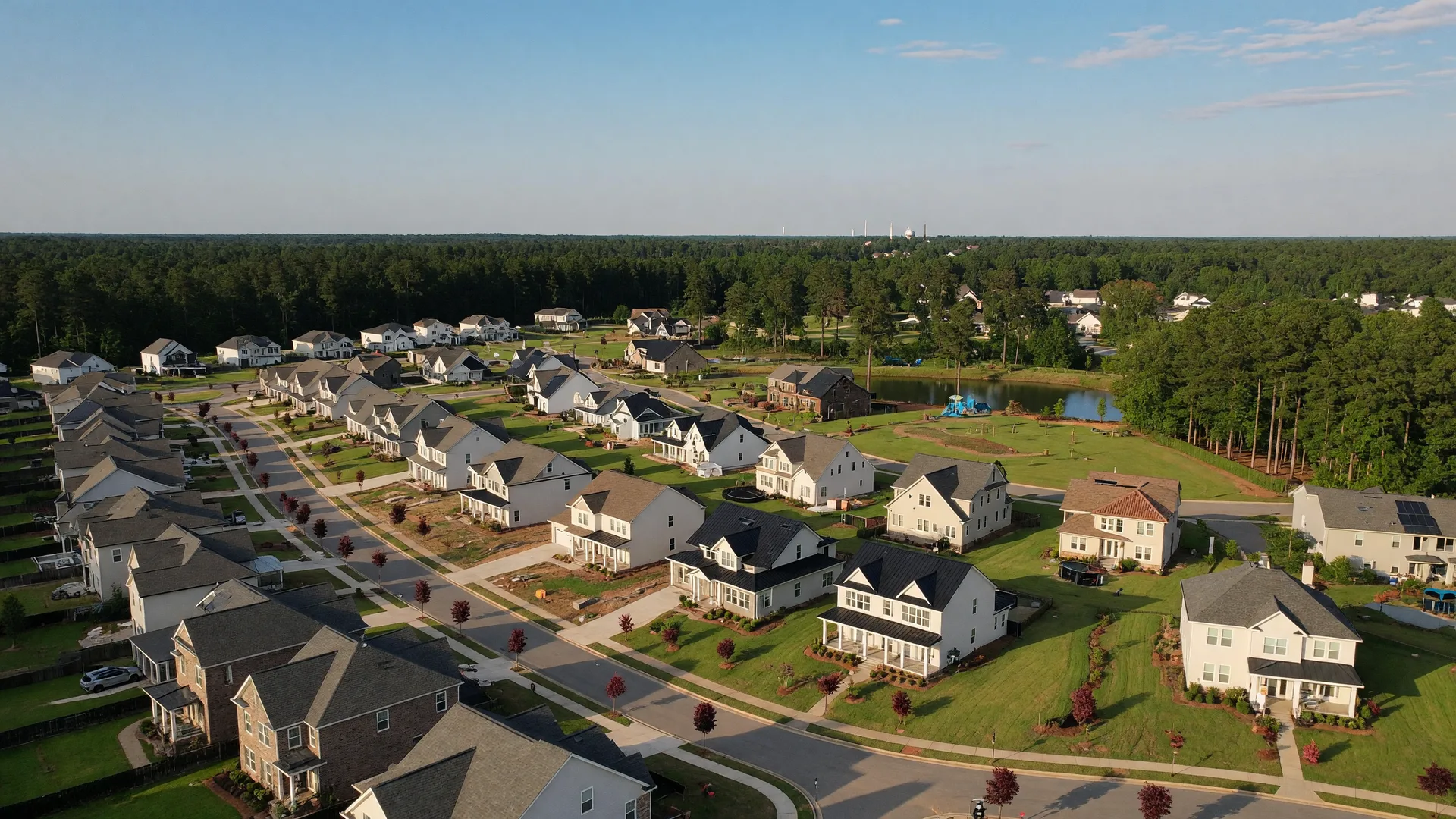 Aerial view of a planned new construction community in Cary, North Carolina with modern homes and tree-lined streets