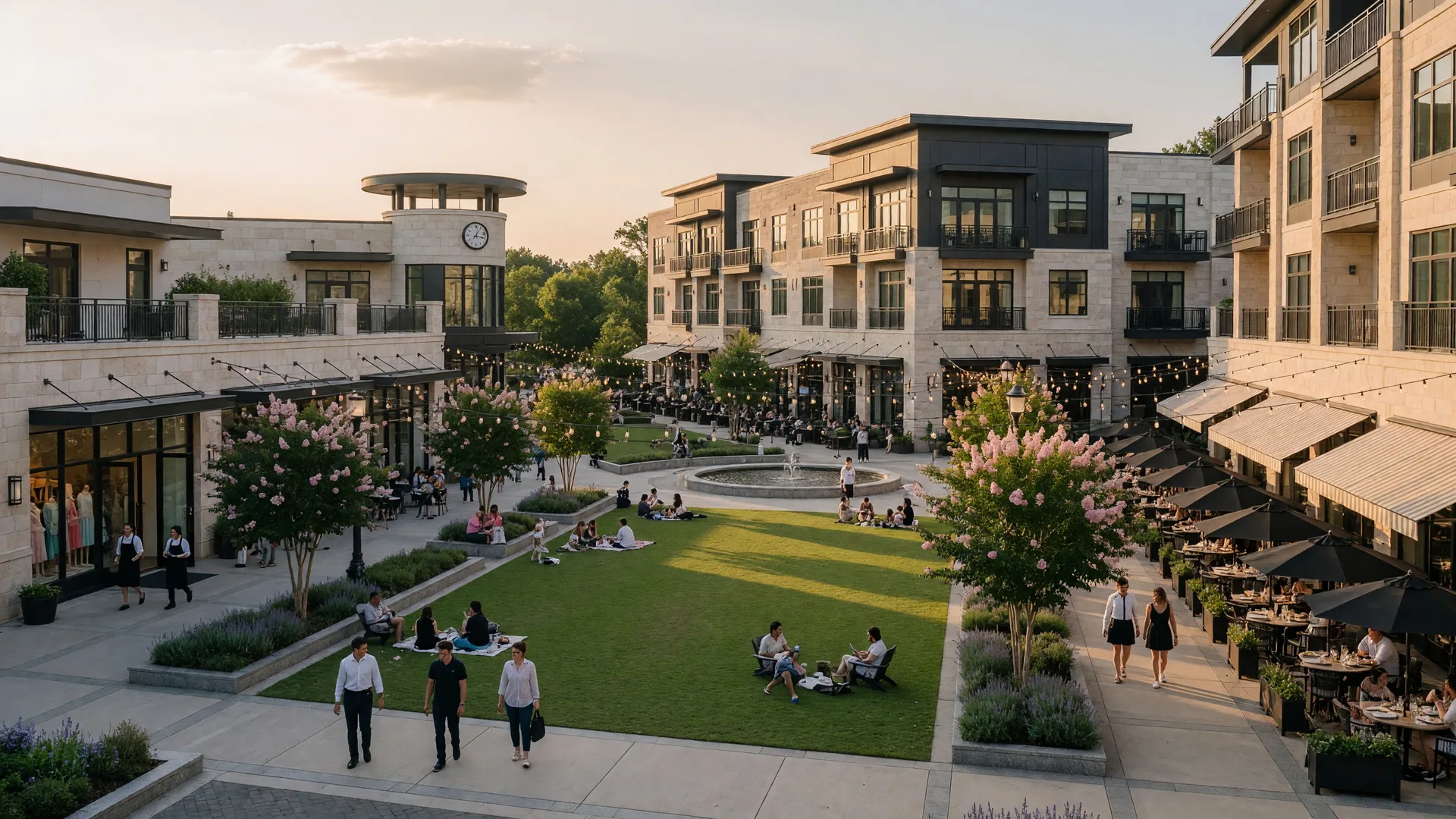 Alpharetta's vibrant Avalon district with upscale shopping, restaurants, and the central green lawn area