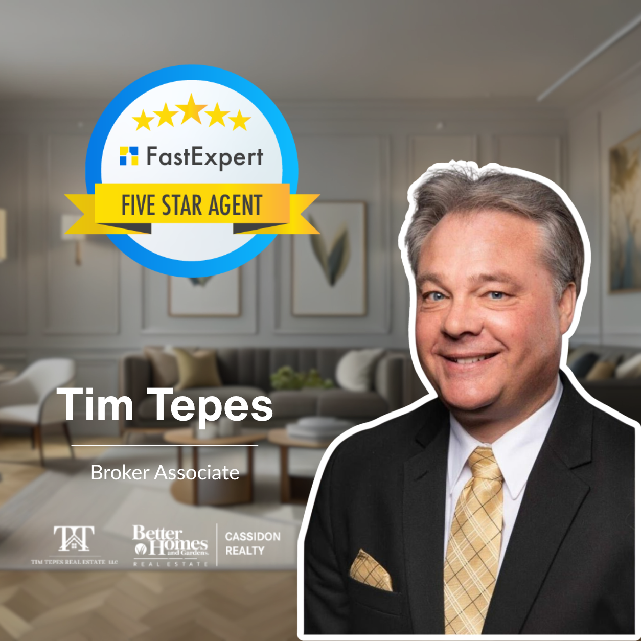 Tim Tepes with Five Star Agent badge and Better Homes and Gardens credentials