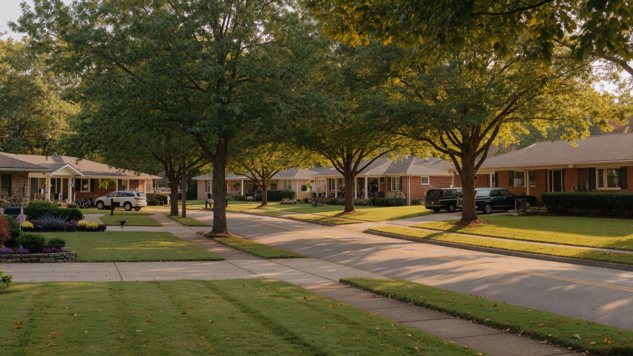 Tree-lined residential street in Green Hills Nashville with mature trees and classic homes