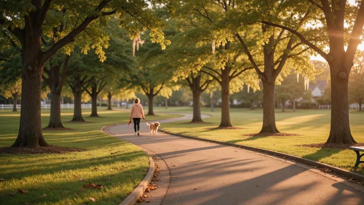 Tree-lined walking trail in a Franklin Tennessee park at golden hour