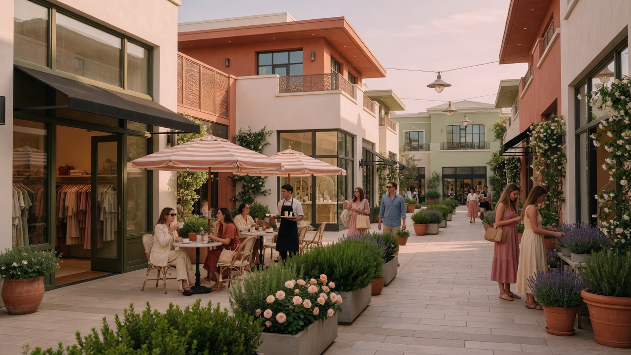 Upscale shopping center with boutique storefronts and café patios in Green Hills Nashville