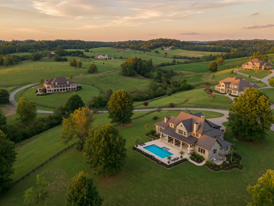 Rolling green hills and luxury estate homes on large acreage lots in College Grove Tennessee
