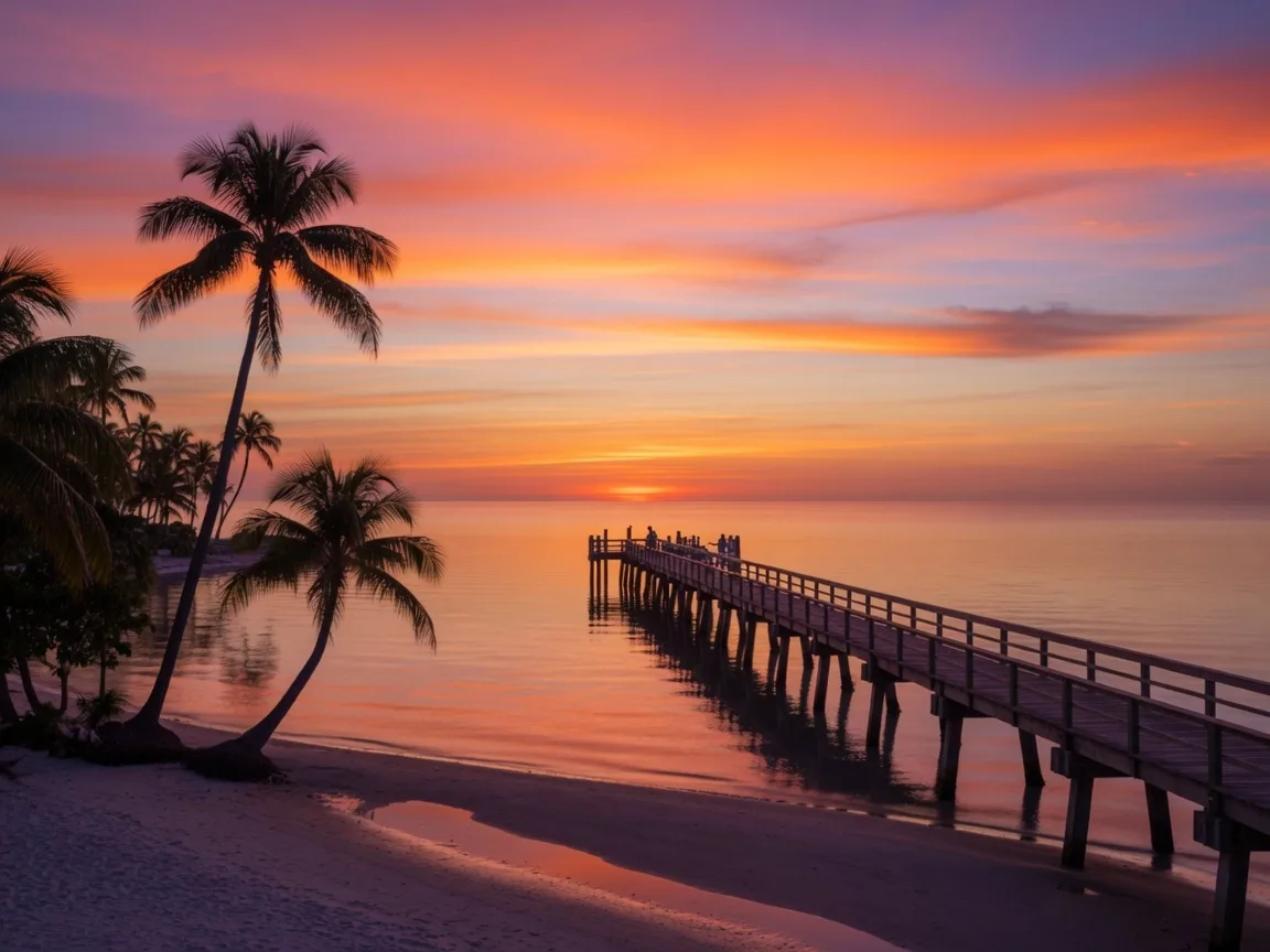 Stunning sunset over the Gulf of Mexico from a Naples beach with palm trees silhouetted