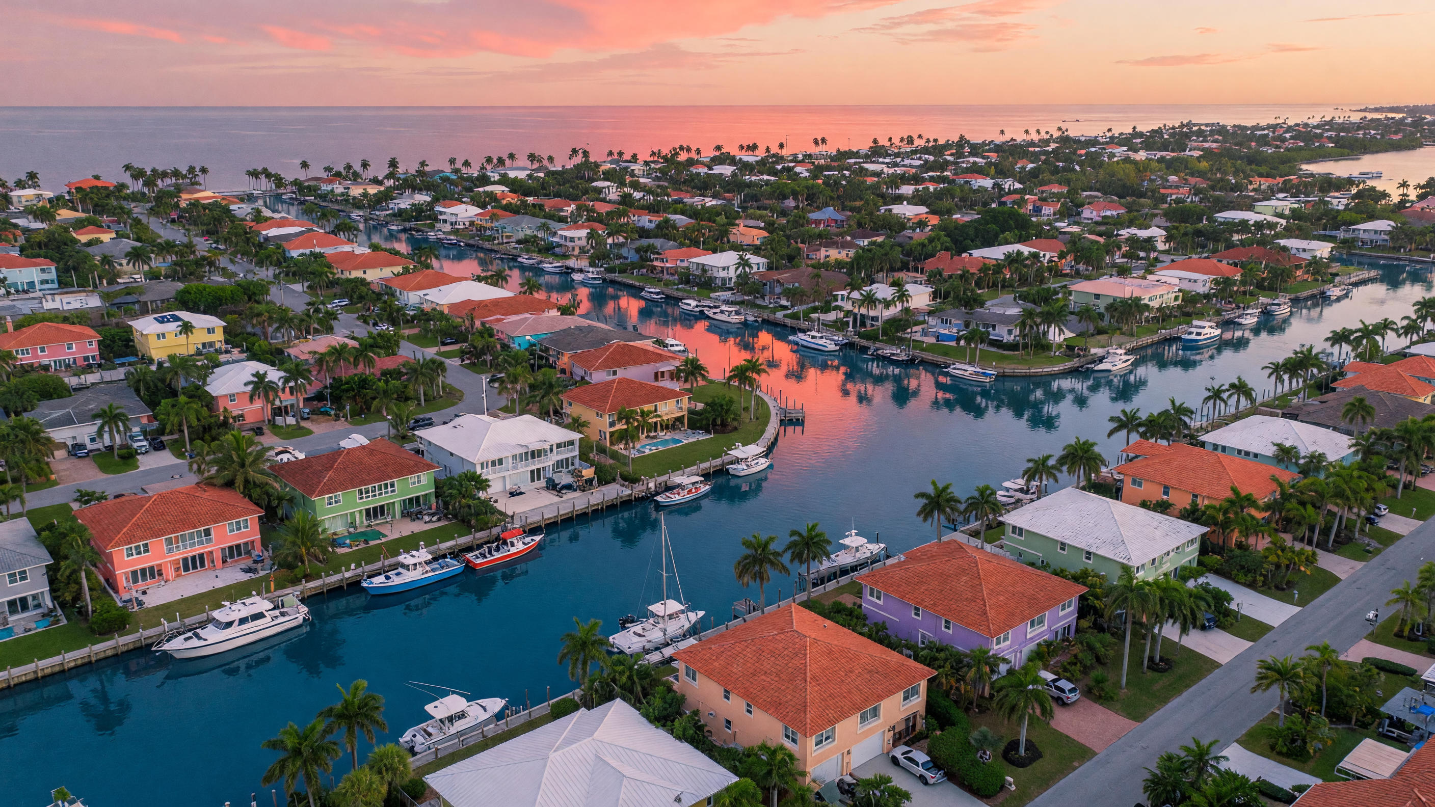 Sunset on a Southwest Florida beach with palm trees and turquoise Gulf waters