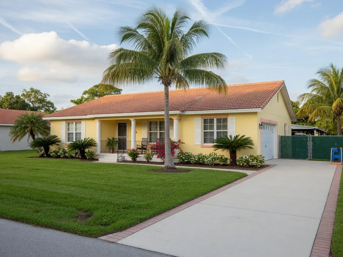 Modern single-family rental home in Lehigh Acres with Florida-style architecture and palm trees