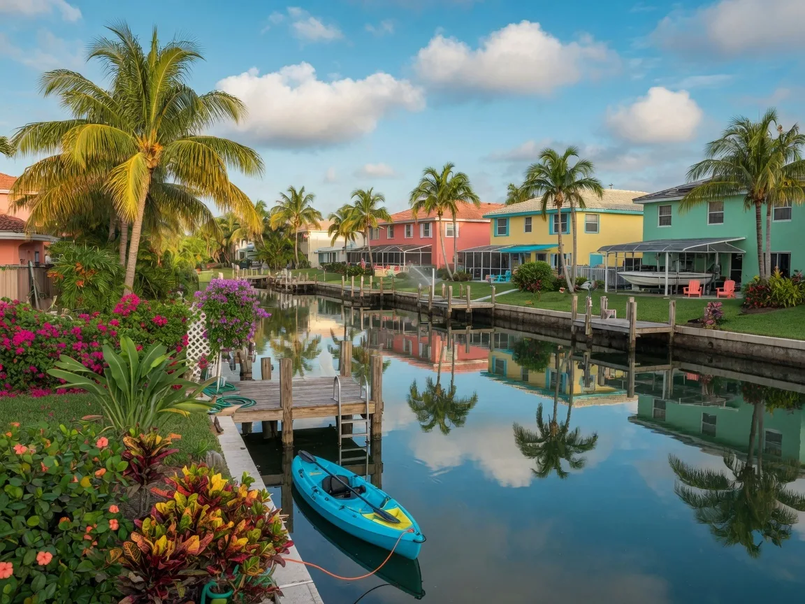 Waterfront homes along a Cape Coral canal with palm trees and blue sky