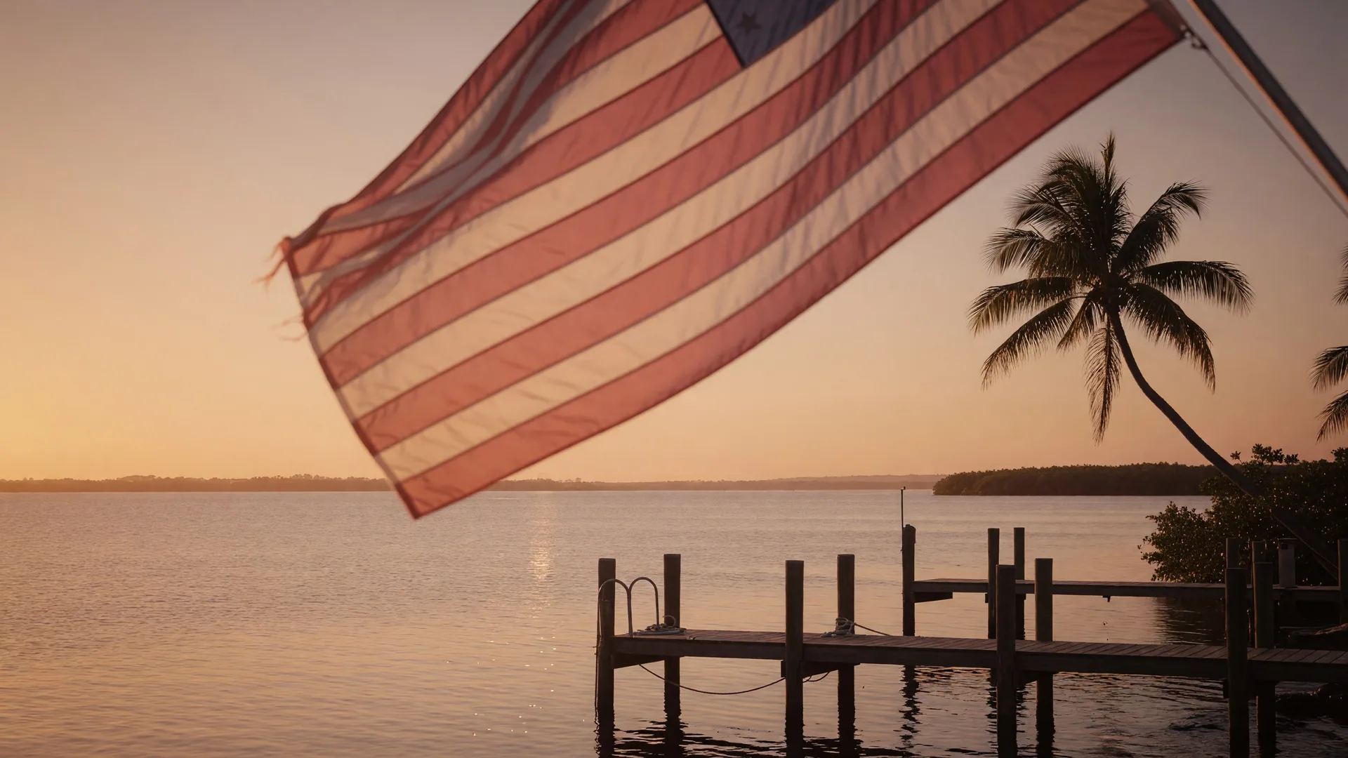 Southwest Florida waterfront at golden hour with American flag