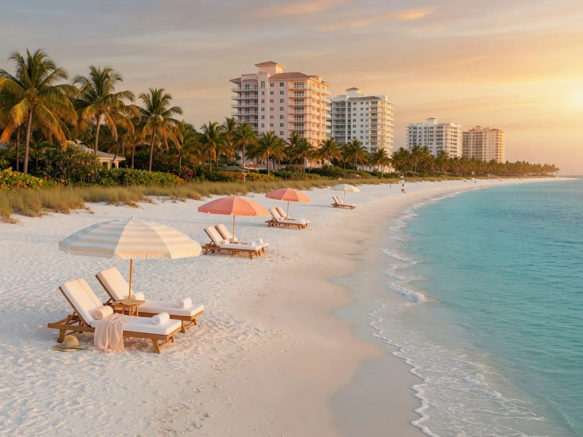 Pristine white sand beach in Naples, Florida with turquoise water and luxury condos in the distance