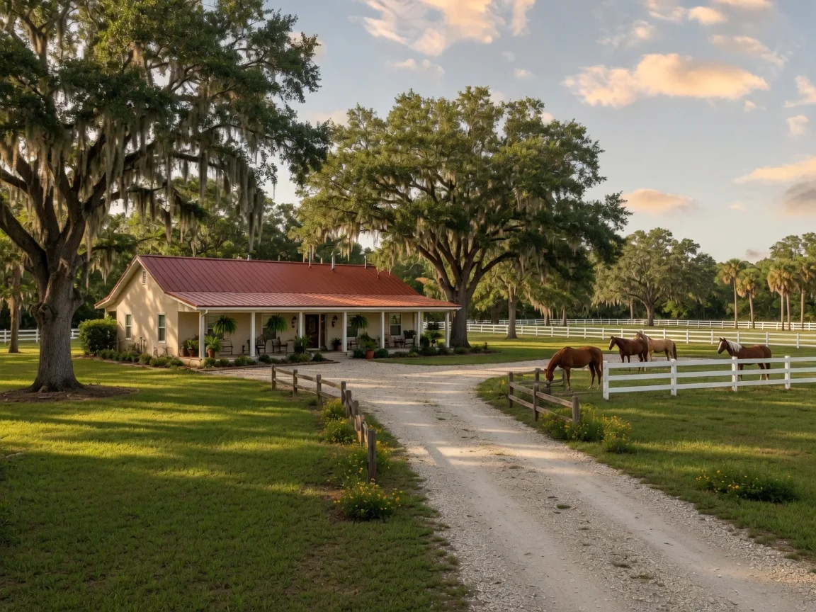Ranch-style home on acreage in Alva, Florida with oak trees and fenced pasture