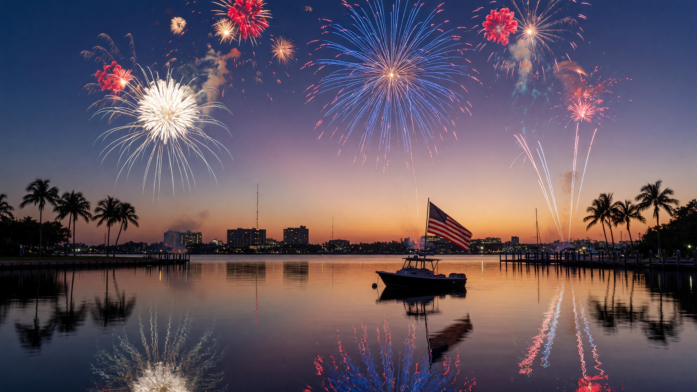 Fireworks bursting over the Southwest Florida waterfront at dusk with palm tree silhouettes