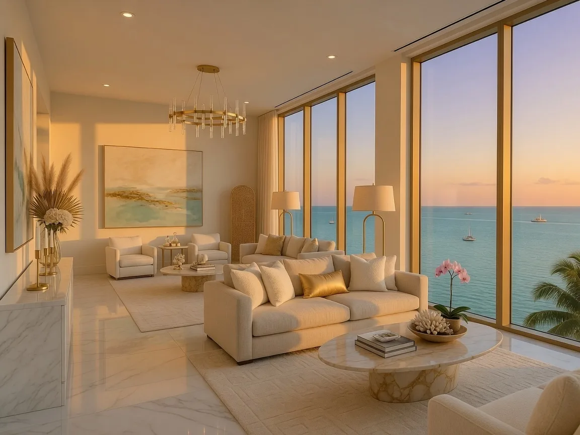 Luxury penthouse interior in Naples, Florida with panoramic Gulf of Mexico views