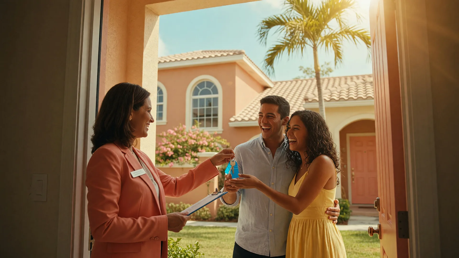 Happy homebuyers receiving the keys to their new home