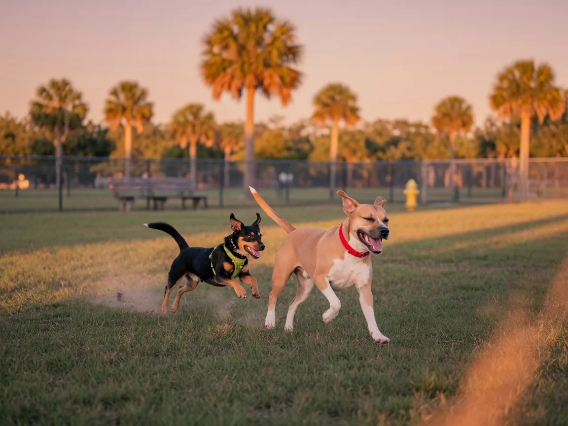 Two happy dogs running through a grassy dog park at golden hour
