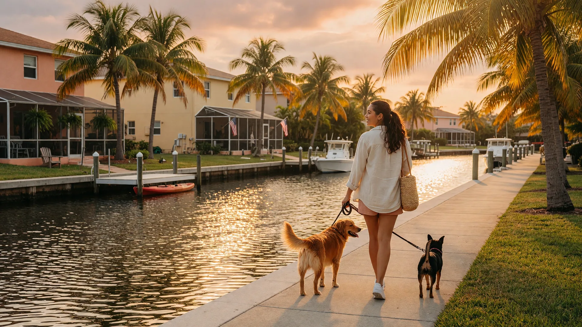 Cape Coral canal at golden hour with palm trees and waterfront homes