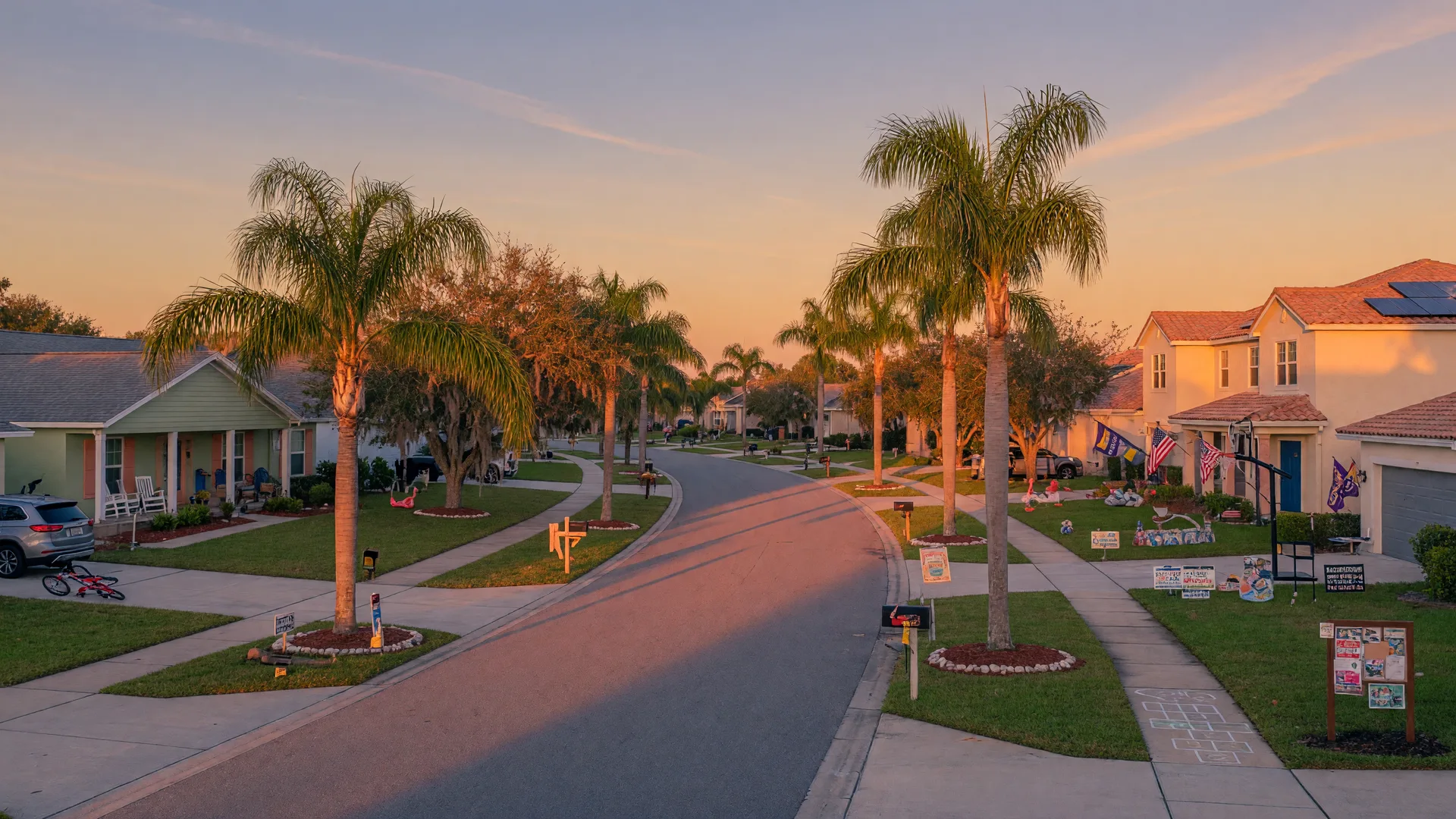 Vecindario del suroeste de Florida al atardecer dorado
