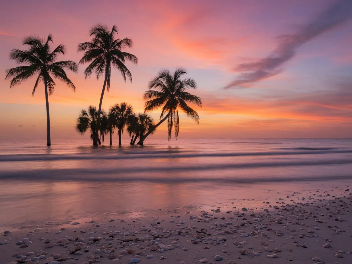Peaceful sunset over the Gulf of Mexico with palm trees silhouetted against orange and pink sky