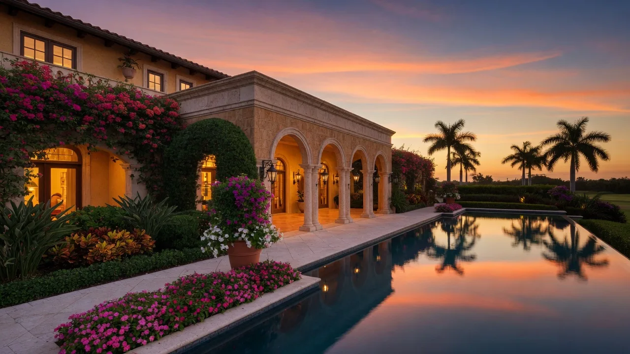 Aerial view of a luxury golf community in Naples Florida with emerald fairways, tropical homes, and sparkling lakes