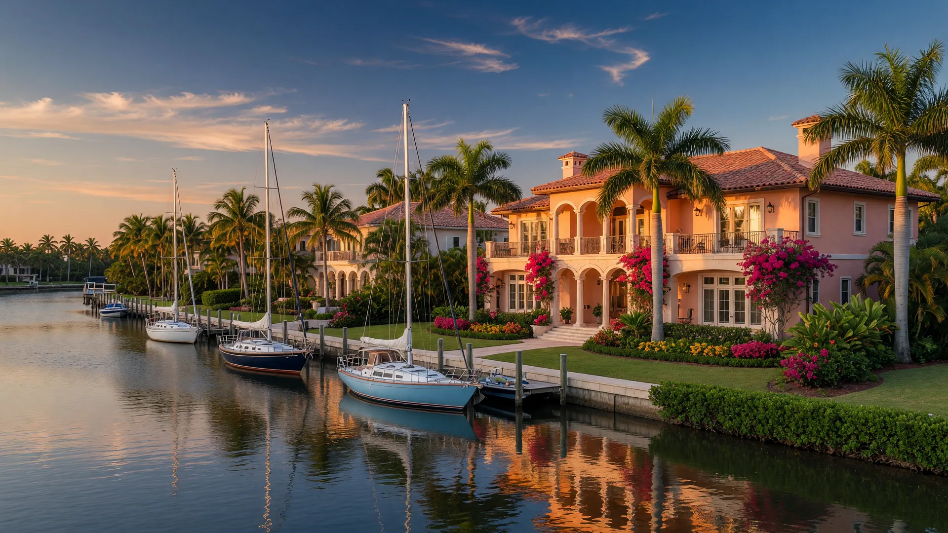 Luxury waterfront homes in Naples Florida at golden hour