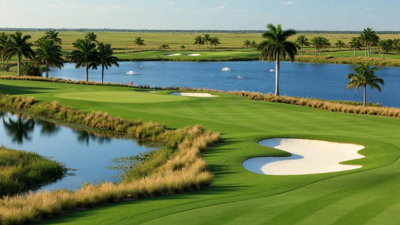 Lush fairway winding through tropical trees in Martin County