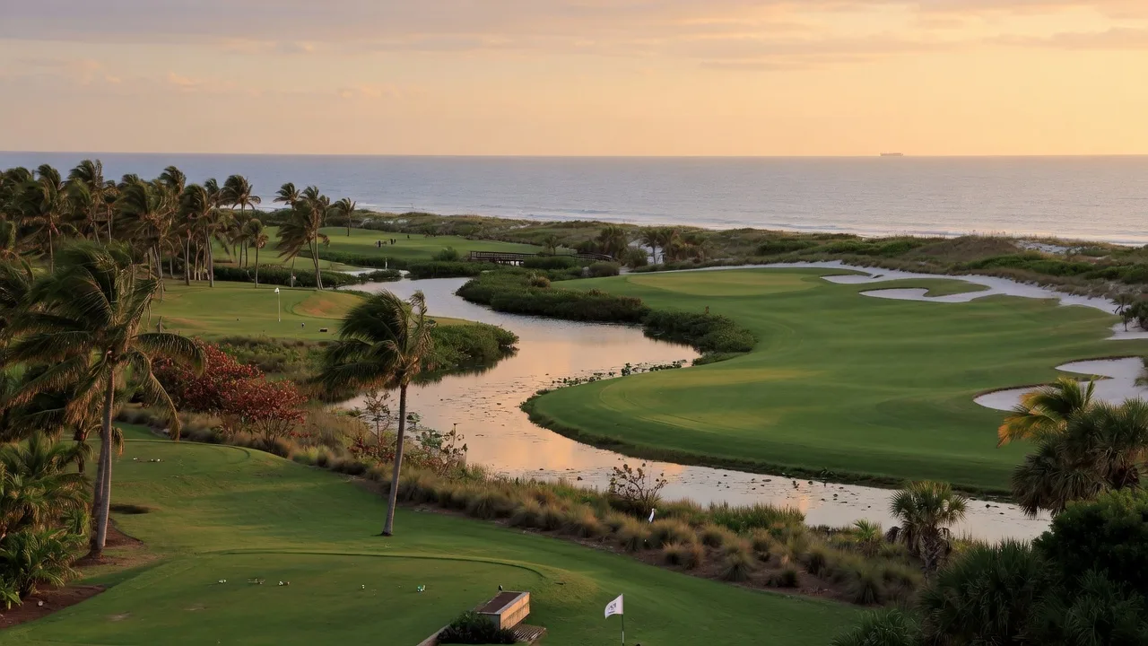 Serene coastal golf course with ocean haze and swaying palms in Indian River County