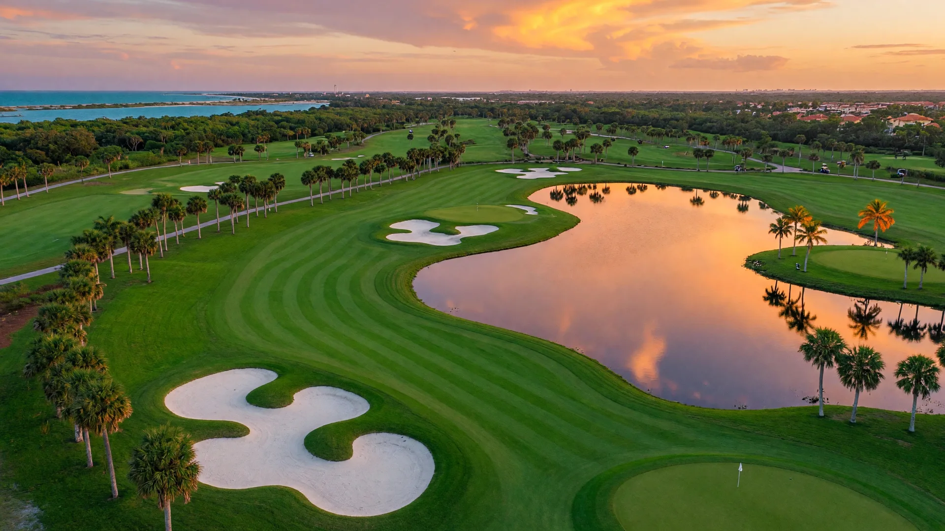 Panoramic view of a championship golf course on Florida's Treasure Coast — emerald fairways, sand bunkers, and palm trees at golden hour