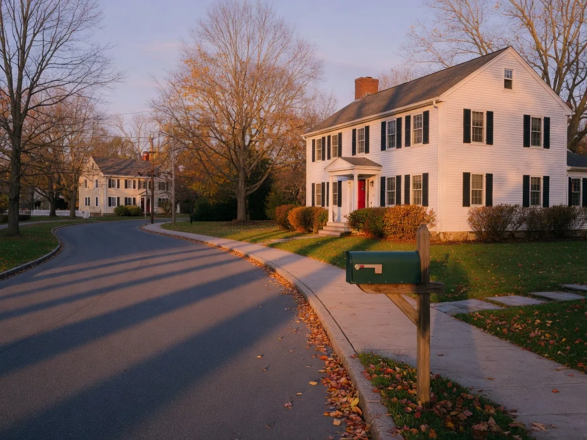 A quiet Connecticut residential street with a colonial home, golden morning light, and autumn leaves on the sidewalk