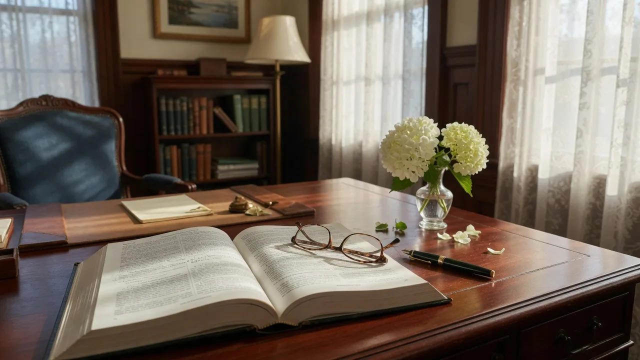 A classic New England home office with legal books and a reading lamp — a thoughtful setting for estate planning matters