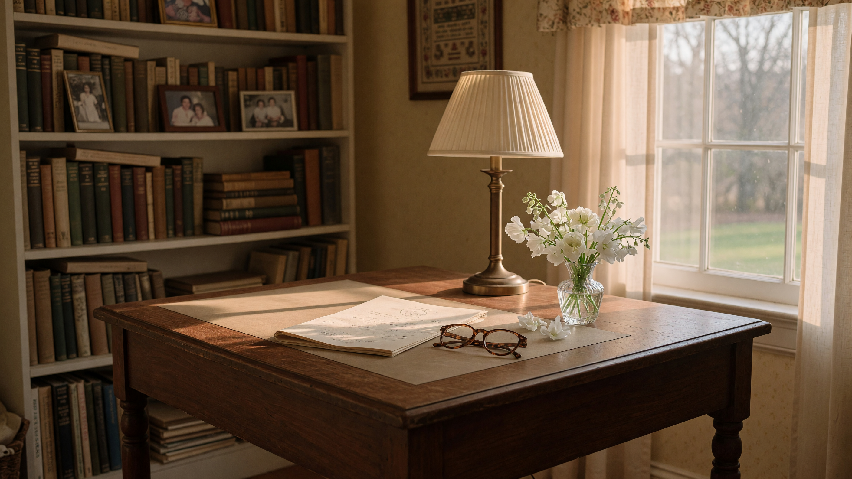A warmly lit desk with documents, reading glasses, and flowers — estate planning matters handled with care