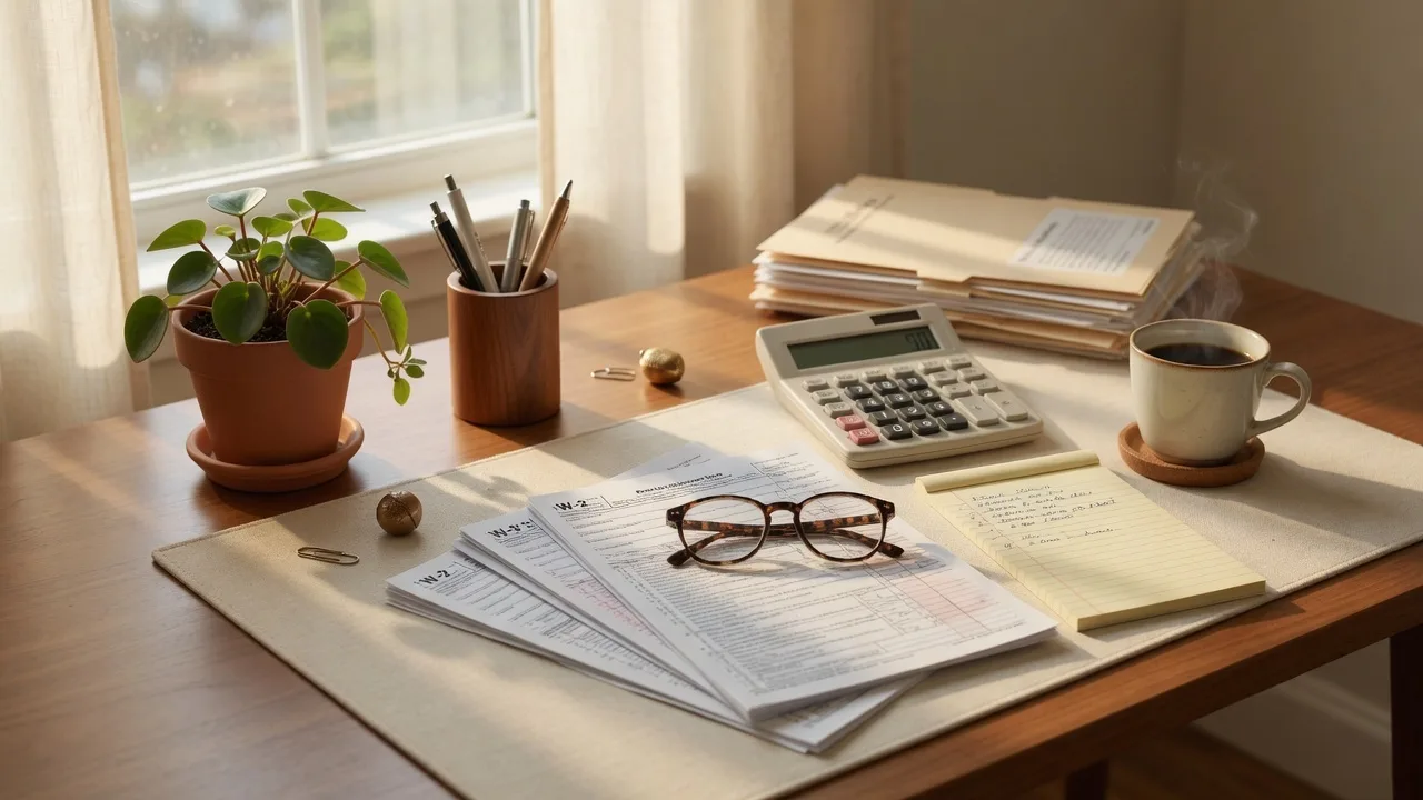 A neatly organized desk with tax documents and a calculator — a setting for careful financial planning during probate
