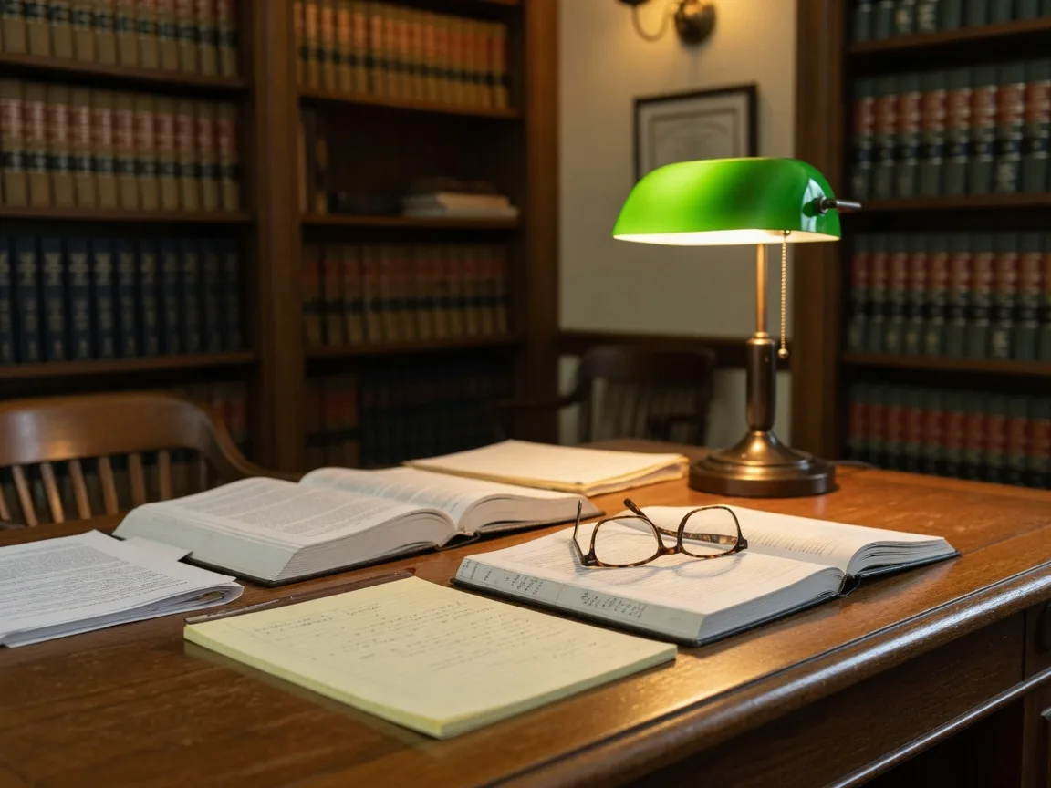 A classic Connecticut law office desk with law books, a green banker's lamp, and legal documents