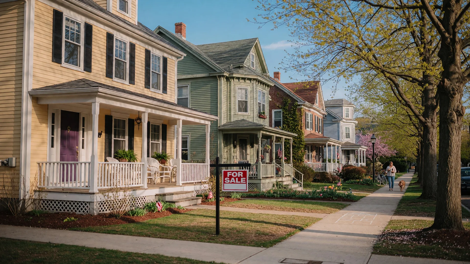A quiet residential street in New Haven, Connecticut with classic New England homes on a bright morning — representing the kinds of properties families navigate through the probate process